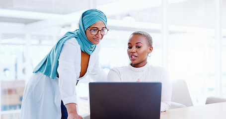 Image showing Business people, talking and office computer of marketing team with communication and collaboration. Laptop, team work and online writing of diversity women employee group with strategy conversation