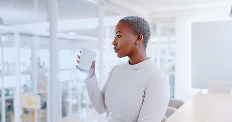 Image showing Coffee, relax and black woman drink in office or company workplace. Tea break, thinking and female employee or entrepreneur enjoying a delicious caffeine beverage, cappuccino and free time alone.