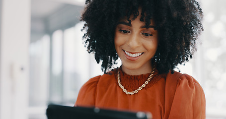 Image showing Office. smile and business woman with tablet checking email or research for marketing project at startup. Social media, surfing internet or happy woman checking work schedule online at small business