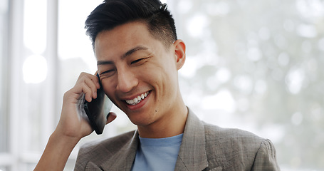 Image showing Phone call, communication and Asian business man talking, speaking and chat to mobile contact. Digital smartphone conversation, discussion and employee happy, laughing and networking in Japan office