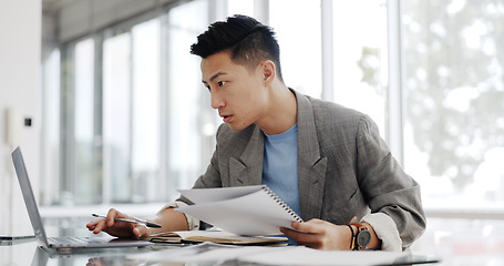 Image showing Businessman, writing report and documents with business plan proposal in conference room and company strategy in Japan. Employee focus, Asian man working with notes and pen, development and growth