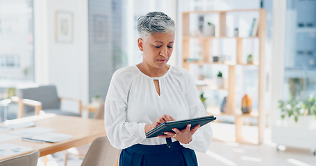 Image showing Thinking, business woman and tablet planning in office for online strategy, innovation ideas or data analytics. Mature female manager, digital technology and website research for corporate management