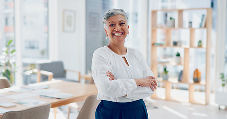 Image showing Senior, ceo or face of a woman in leadership with pride, success or growth mindset in a office building. Portrait, mentor or executive manager with business experience, marketing knowledge or vision