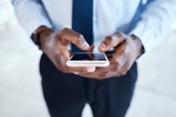 Image showing Black man hands , phone screen and digital communication with 5g connection. Writing, social media scroll and email typing business employee outdoor networking online on technology and internet