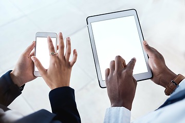 Image showing Business people, hands and tablet with screen on mockup above in corporate networking, advertising or marketing. Hand of employee team on touchscreen or phone display for digital advertisement or app