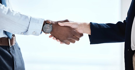 Image showing Handshake, b2b deal and thank you hand sign of a business agreement in crm meeting. Leadership, contract success and office team shaking hands for an interview, onboarding and hiring congratulations