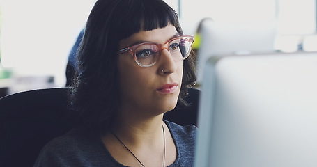 Image showing Office computer, reading and business woman review financial portfolio, stock market database or investment budget. Accounting administration, ecommerce or crypto trader trading bitcoin, NFT or forex