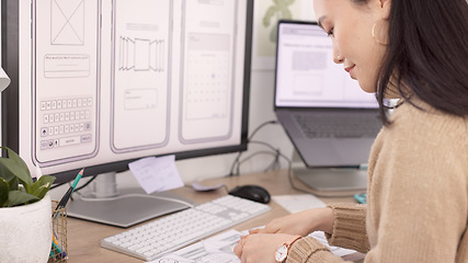 Image showing Woman, developer and wireframes with technology in design, planning or strategy at the office. Creative female designer working with layouts by computer for app development or project plan at work