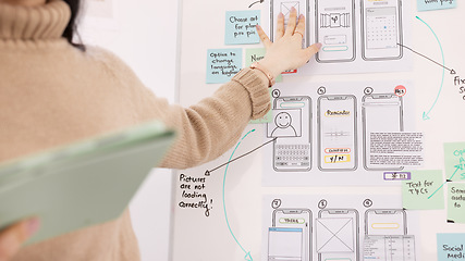 Image showing Ux, presentation and design with woman and planning in meeting for idea, developer or technology. Software engineering, creative and phone ui with employee in office for it strategy, chart or website