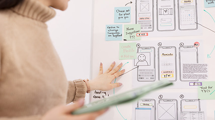 Image showing Ux, presentation and design with woman and planning in meeting for idea, developer or technology. Software engineering, creative and phone ui with employee in office for it strategy, chart or website