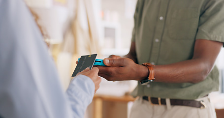 Image showing Shopping, hands and payment with nfc credit card for woman customer checkout transaction zoom. Contactless electronic machine purchase tech at store with bank card for digital money transfer.