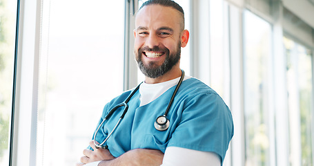 Image showing Mature man, face or nurse arms crossed in hospital with surgery ideas, life insurance vision or medical wellness goals. Portrait, happy smile or healthcare worker in medicine trust innovation or help