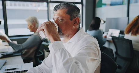 Image showing Coffee, office and senior businessman working on a project and doing corporate research on internet. Professional, computer and senior male manager drinking warm beverage and typing management report