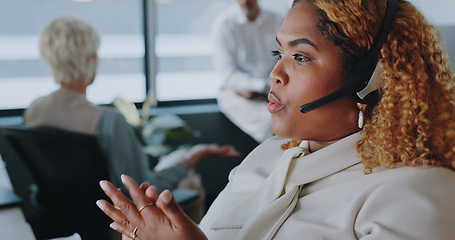 Image showing Call center woman, communication and explain for customer service, help and advice in office for career. Black woman, crm expert or consultant for contact us, customer support and consulting clients