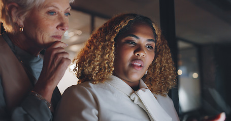 Image showing Business women, mentor and collaboration with advice, executive and employee working together with tablet. Communication, agreement and partnership with team and face zoom, discussion and technology.