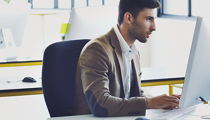 Image showing Office computer, focus and business man reading review of financial portfolio, stock market database or investment budget. Administration, accounting or crypto trader trading bitcoin, NFT or forex