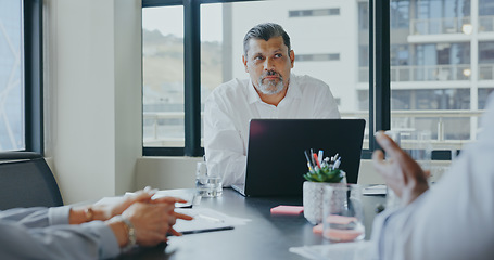 Image showing Senior business people, laptop or boardroom meeting in company financial planning, stock market investment or insurance paper innovation. Happy smile, talking finance workers or ceo partners on tech