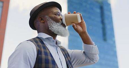 Image showing Black senior businessman, coffee and standing city for morning routine, positive mindset vision and remote travel for work. African man, drinking tea and thinking outdoor in New York for traveling