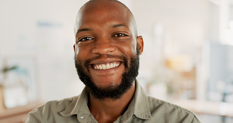 Image showing Tablet, corporate and businessman working, planning and reading an email on the internet at work. Portrait of a happy African employee with a smile while typing and networking on technology