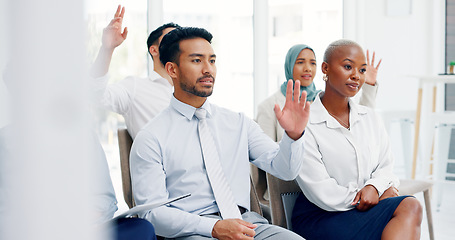 Image showing Hands, audience and questions during a presentation by business people discussing goal in meeting. Hand, training and team share goal, mission and planning in business meeting, conference or workshop