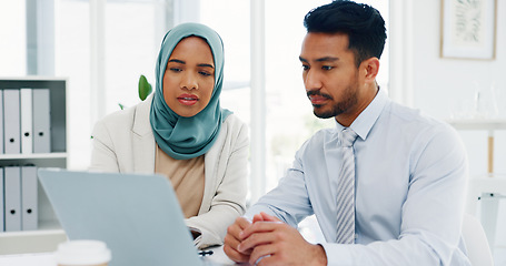 Image showing Research, diversity or business people on laptop in office for marketing strategy, web SEO growth or business meeting. Teamwork, happy or collaboration on tech planning, social media or network blog