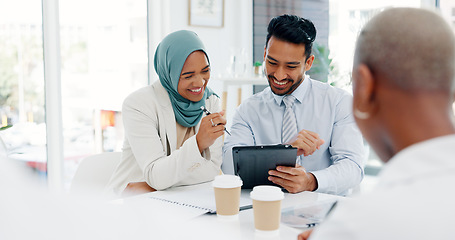 Image showing Research, diversity or business people on laptop in office for marketing strategy, web SEO growth or business meeting. Teamwork, happy or collaboration on tech planning, social media or network blog