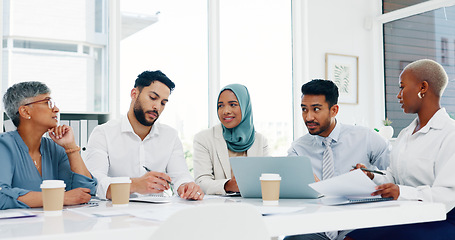 Image showing Data analysis, diversity or business people in meeting for advertising strategy, web SEO growth or research. Teamwork, happy or manager on tech planning, social media or networking in office building