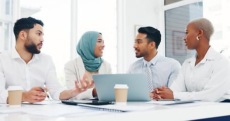 Image showing Research, diversity or business people on laptop in office for marketing strategy, web SEO growth or business meeting. Teamwork, happy or collaboration on tech planning, social media or network blog