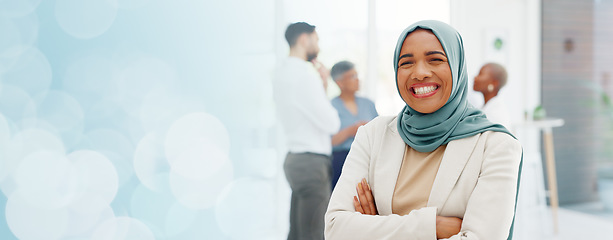 Image showing Face of a muslim business woman in hijab, proud for company values, mission and inclusion culture in office. Workplace, corporate and happy islamic employee or worker with vision, goals and laughing