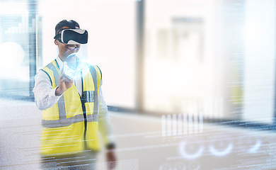 Image showing Construction, futuristic and architect with virtual reality and man, digital transformation and metaverse with architecture. VR goggles, future technology overlay and building with hologram and 3D