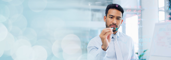 Image showing Thinking, strategy and serious businessman writing on glass wall with thoughtful analysis in office. Brainstorming, planning and vision of corporate worker with focus, concentration and idea.