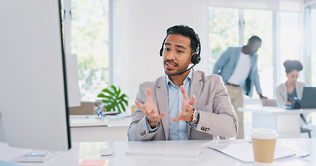 Image showing Customer service, call center and man consulting in office workplace. Crm, customer support and telemarketing worker, sales agent or happy male consultant talking, networking or communication at desk