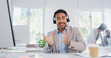 Image showing Customer service, call center and man consulting in office workplace. Crm, customer support and telemarketing worker, sales agent or happy male consultant talking, networking or communication at desk