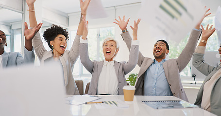 Image showing Business people, throwing paper or success meeting in winner finance planning, company growth goals or target motivation. Happy smile, flying documents or excited financial teamwork in diversity kpi