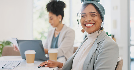 Image showing Face, leadership and woman in meeting in office ready for tasks, goals or targets. Ceo, boss and happy female entrepreneur with vision, mission and success mindset sitting with coworker in workplace.