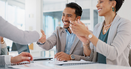 Image showing Applause, meeting and business people shaking hands in partnership, welcome or onboarding in an office. Handshake, collaboration and corporate team in celebration of teamwork success in the workplace