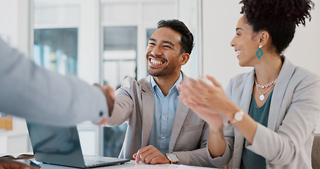 Image showing Applause, meeting and business people shaking hands in partnership, welcome or onboarding in an office. Handshake, collaboration and corporate team in celebration of teamwork success in the workplace