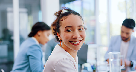 Image showing Happy woman, portrait or internship in office meeting, boardroom training or diversity teamwork collaboration. Smile, corporate or business opportunity in global finance company or strategy planning