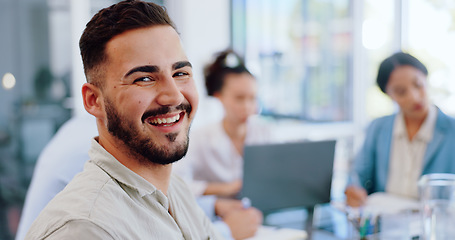 Image showing Happy businessman, portrait or internship in office meeting, boardroom training or diversity teamwork collaboration. Smile, corporate or new opportunity worker in global finance company for planning