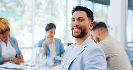 Image showing Businessman, face and smile with arms crossed in leadership for meeting, collaboration or discussion at office. Portrait of happy male manager smiling for corporate planning, management or teamwork