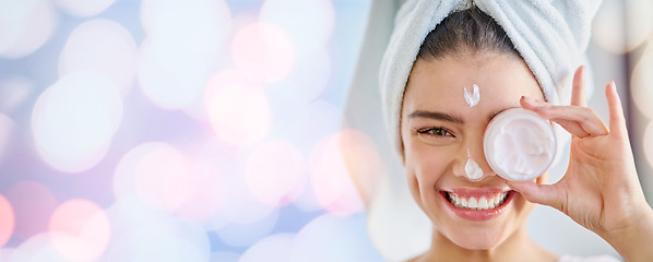 Image showing Woman, cream jar and portrait banner, bokeh background and mockup of face, skincare or product. Happy female advertising facial lotion for aesthetic makeup, beauty container or smile on mock up space