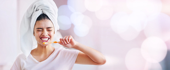 Image showing Toothbrush, woman and cleaning teeth on banner, bokeh background and mockup space of dental wellness. Happy girl brush mouth for mint breath, cosmetics and beauty of skincare, shower and mock up face