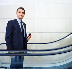 Image showing Email, communication and portrait of a businessman with a phone for contact, internet and app. Executive, chat and corporate employee typing on a mobile for social media, work and online trading