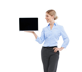 Image showing Laptop, mockup and happy business woman in studio, isolated white background and advertising space. Worker, female model and mock up computer screen, website technology and digital marketing platform