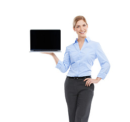 Image showing Laptop, portrait of business woman in studio for doing research on website, online or internet. Technology, happy and female model posing with computer isolated by white background with mockup space.