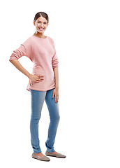 Image showing Portrait, fashion and mockup with a woman in studio isolated on a white background for marketing or advertising. Product, brand and logo with an attractive young female posing on blank mock up space