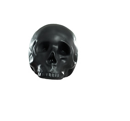 Image showing Human skull toy, studio and white background for halloween celebration, horror festival or party. 3D skeleton head, anatomy model and scary with dark symbol, sign or icon of death, danger and fear