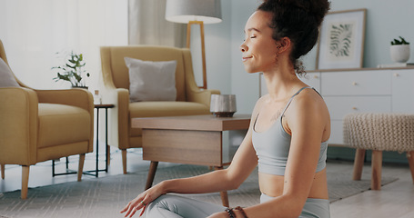 Image showing Meditation, pilates and home yoga for black woman working on spiritual chakra peace, freedom of the mind and zen mindset. Body health, wellness lifestyle and relax girl training on living room floor