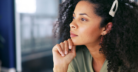 Image showing Computer, face or startup black woman programmer for computer cloud, app coding or digital schedule in office. Tech, cyber employee thinking of ai software code, UX programming or UI data analytics