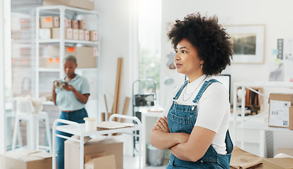 Image showing Motivation, goal and business woman looking happy and proud in a startup company office. Leader, vision and small business owner enjoying her career success at new workspace, empowered and powerful